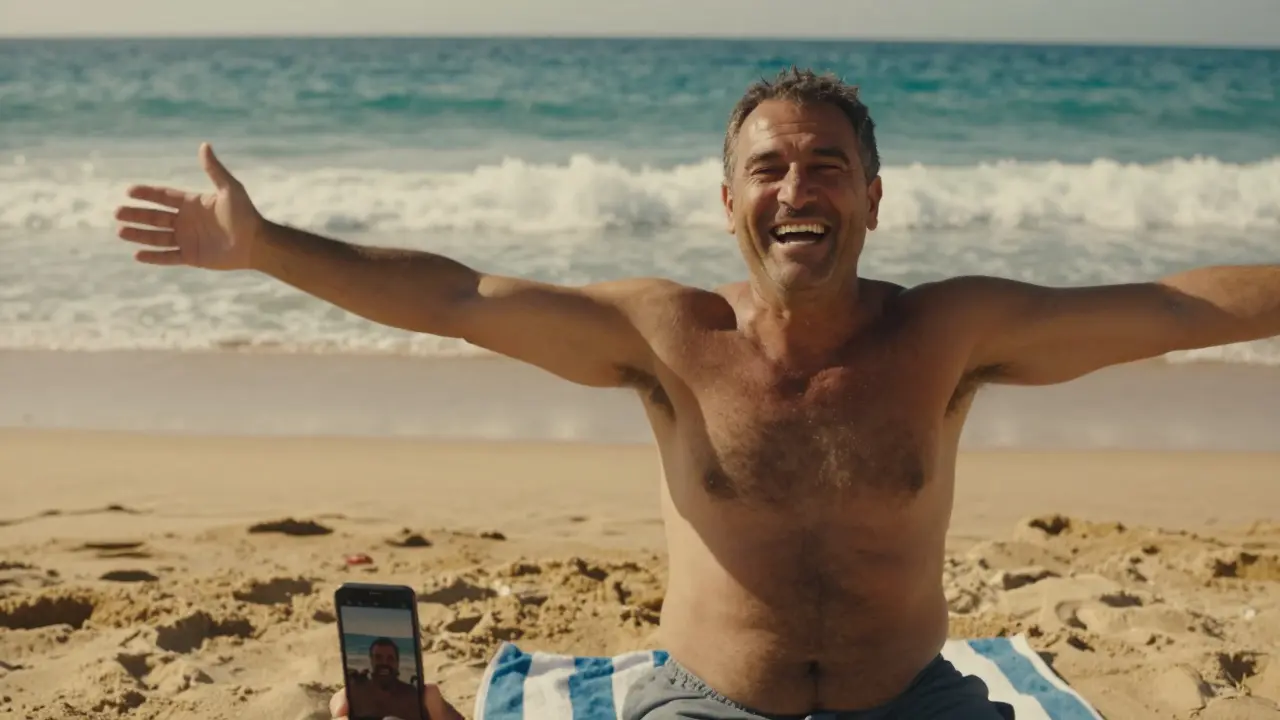 Muž se směje na pláži v Řecku, jeho bílé zuby září ve slunci, zatímco se přátelé smějí kolem něj.
