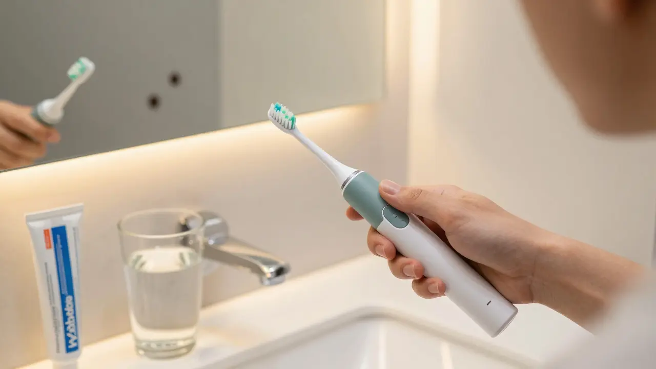 Osoba čistí zuby elektrickým kartáčkem pod správným úhlem ve koupelně.