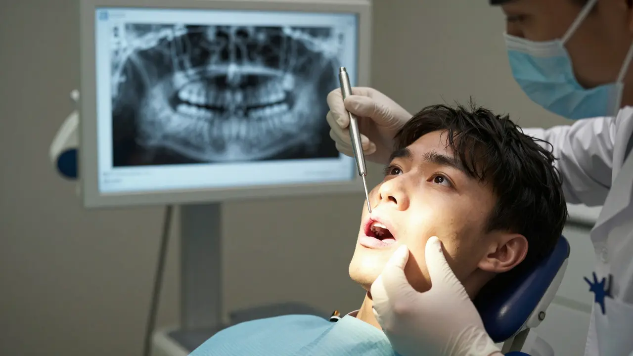 Pacient v zubní klinice s otokem na tváři a lékařem ukazujícím na poškozený zub.