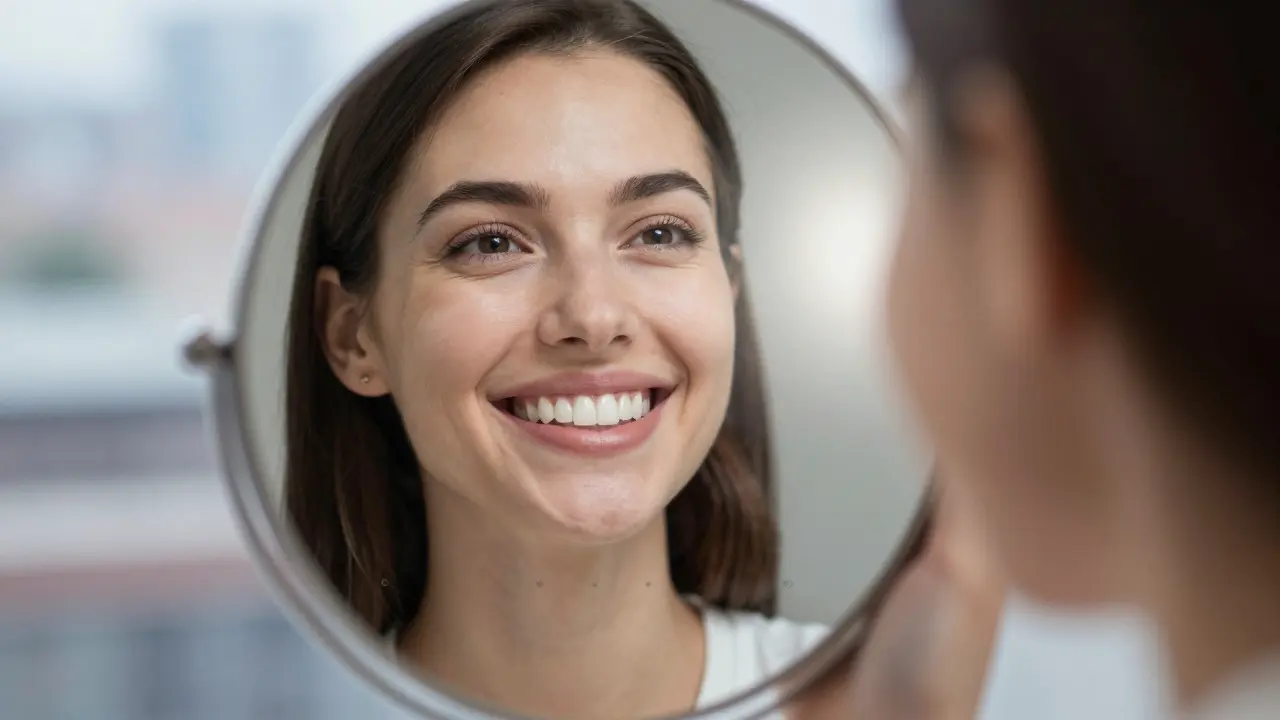 Person smiling in mirror with before-and-after visualization of veneered teeth.