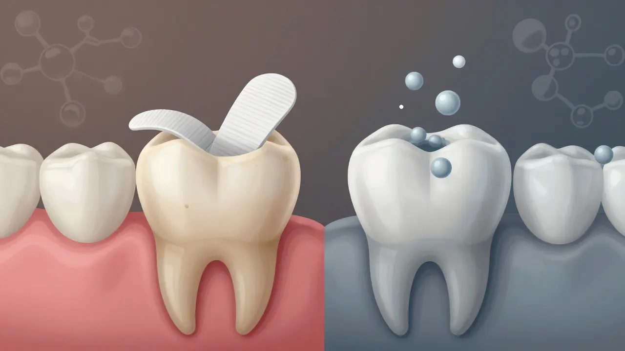 Porovnání povrchového a vnitřního zabarvení zubů s molekulární reakcí peroxidu vodíku.