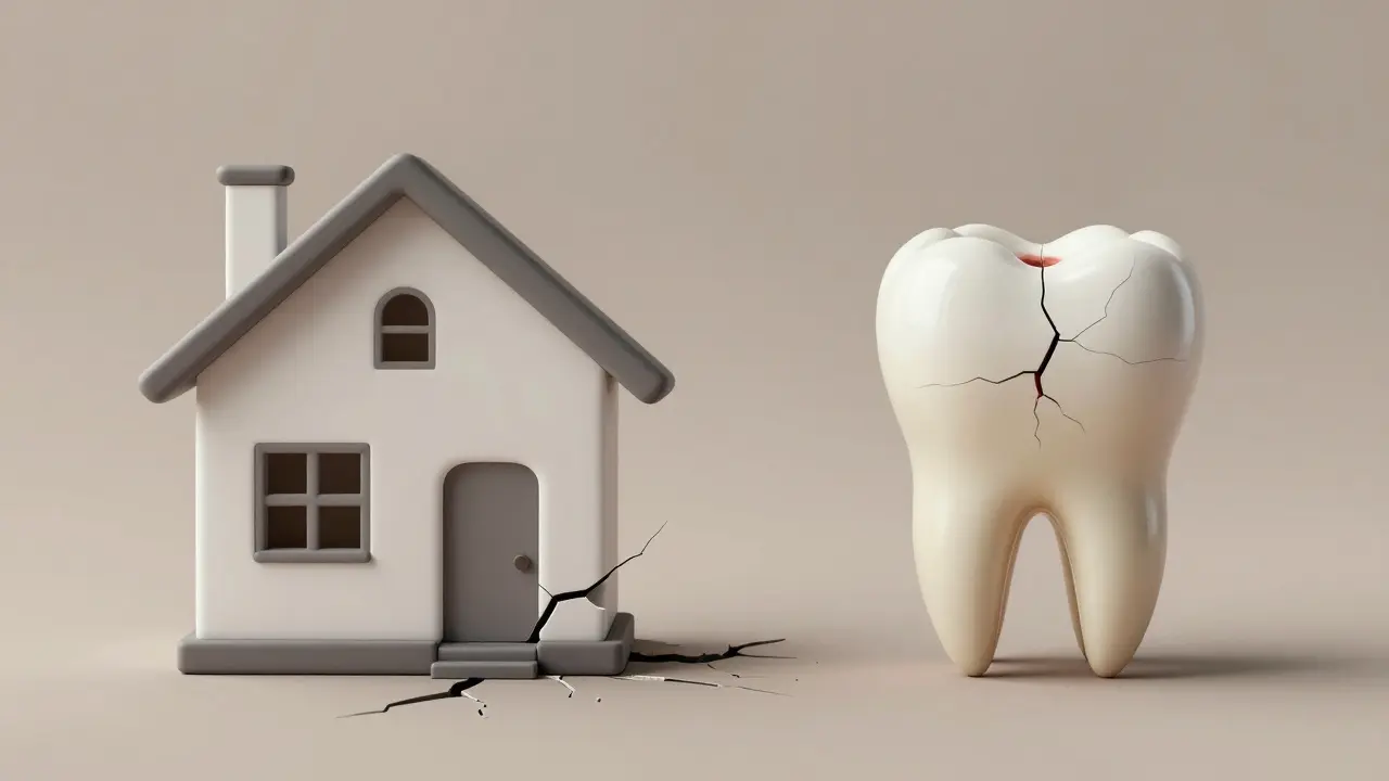 Porovnání praskliny v zubu a v základech domu, symbolizující postupné poškození zdraví.