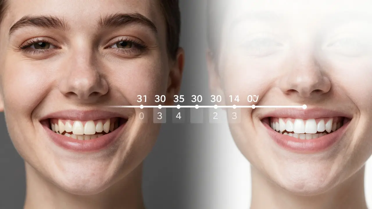 Porovnání před a po bělení: tmavé zuby vlevo a světlejší zuby vpravo po 14 dnech používání.