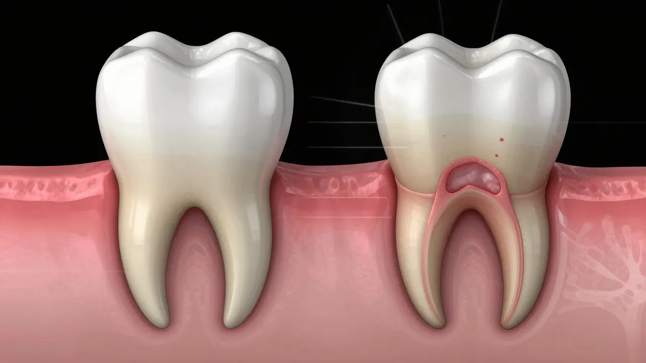 Porovnání zdravého a poškozeného kořene zubu s náznakem rentgenového obrazu.