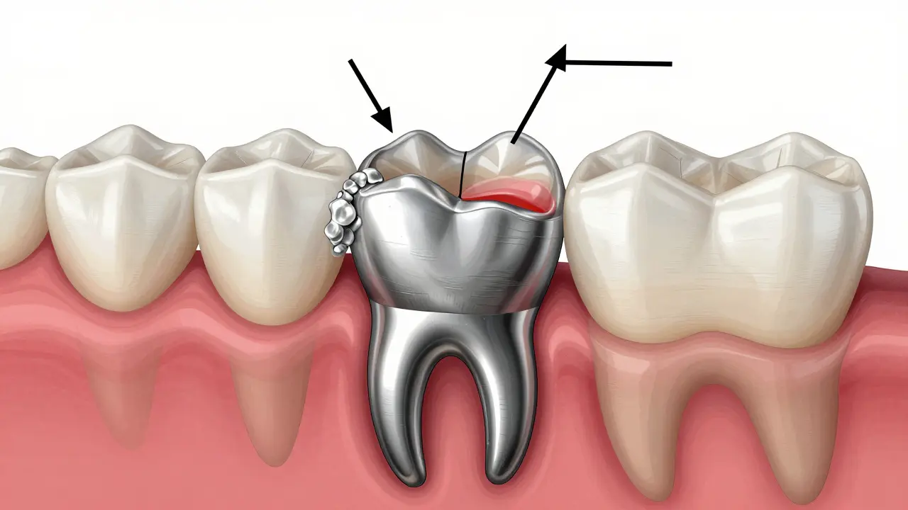 Příčný řez zubu s metalokeramickou korunkou, ukazující kovové jádro a keramickou vrstvu s plakem a kariésem.