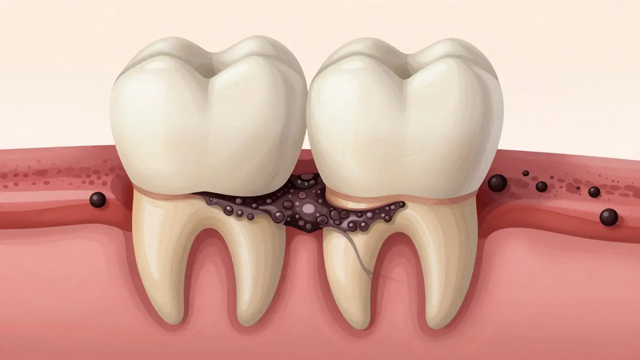 Příčný řez zubu ukazující černý kámen pod dásně a poškození kosti.