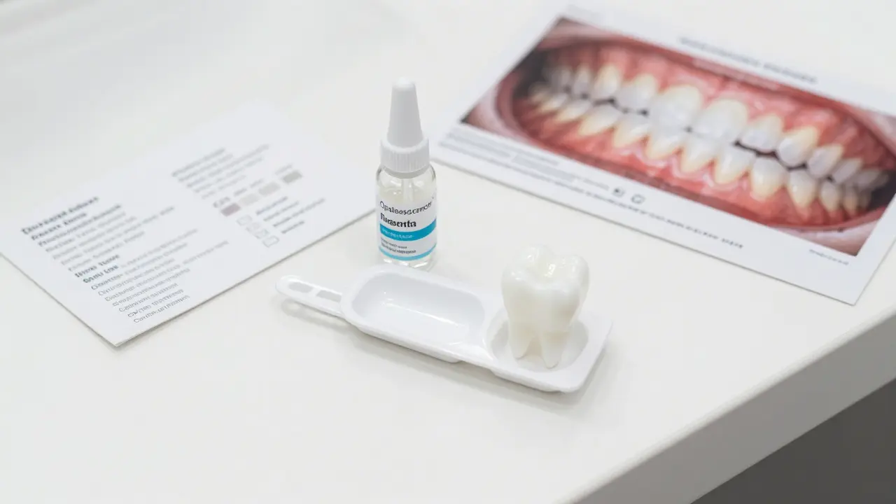 Profesionální sada Opalescence pro bělení zubů s gelovými formami a výsledným diagramem zlepšení barvy.