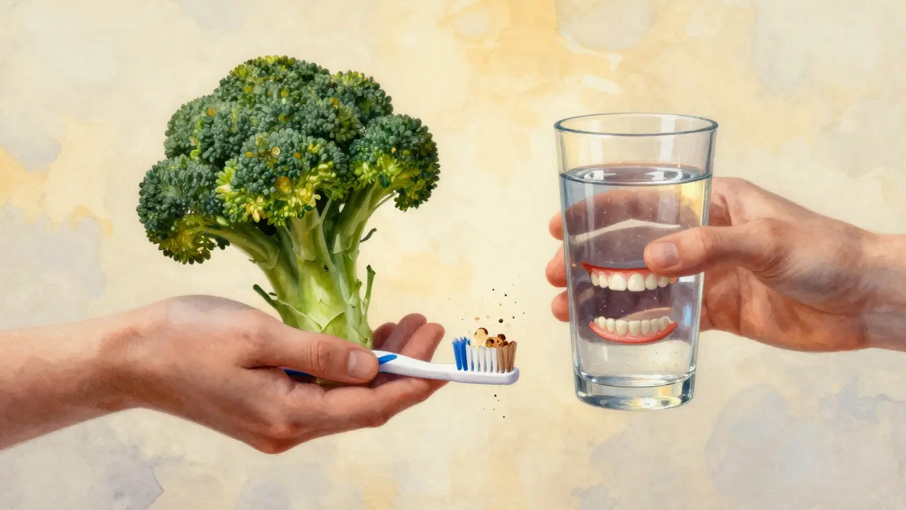 Rukou podávaná brokolice a voda jako symbol léčby dásní, plak se rozpadá do světla.