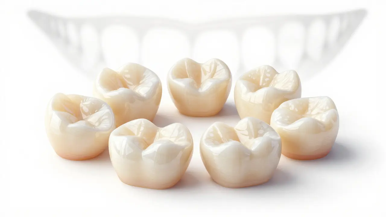 Six porcelain veneers laid out with natural variations in shape and translucency.