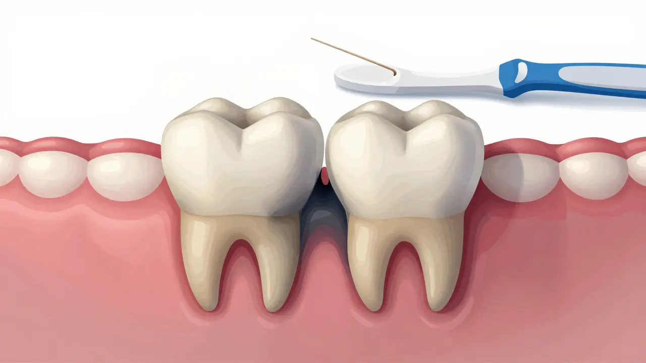 Skrytý kaz mezi zuby v porovnání s čistícími nástroji.