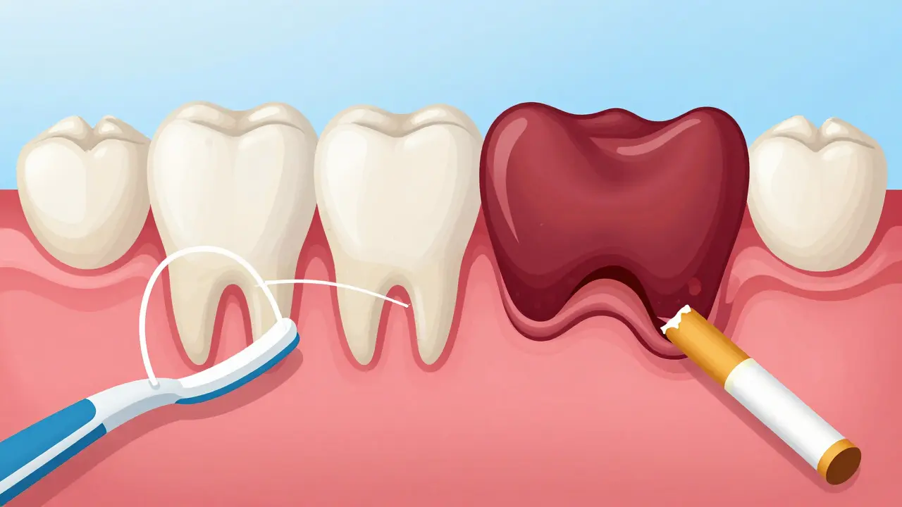 Srovnání zdravých a podrážděných dásní: vlevo jemně růžové, vpravo krvácející s nánosy plaku.