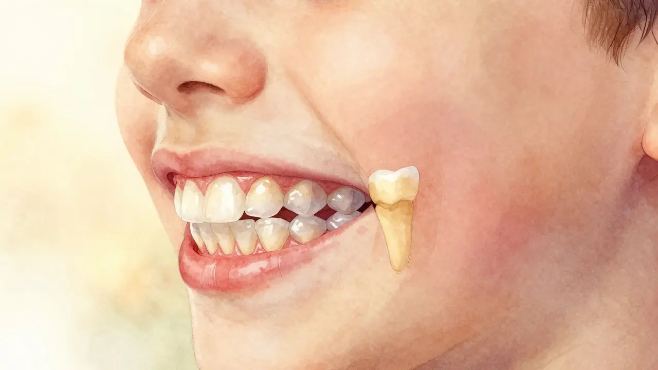 Stranový pohled na dětskou čelist s přechodem od mléčných zubů k trvalým, s přehledem vyrůstajících zubů pod dásní.