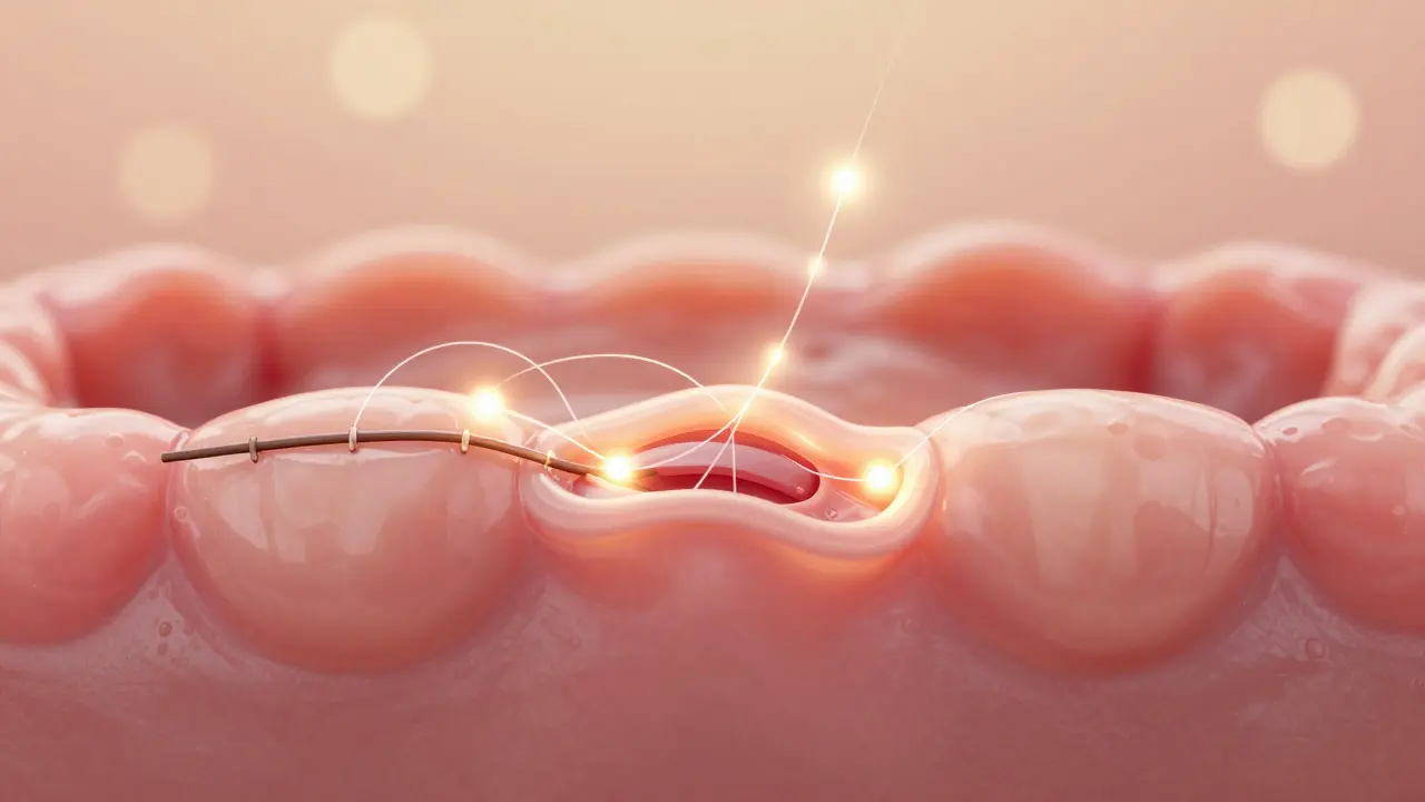 Symbolické znázornění vstřebávání stehů tělem během hojení ústní rány