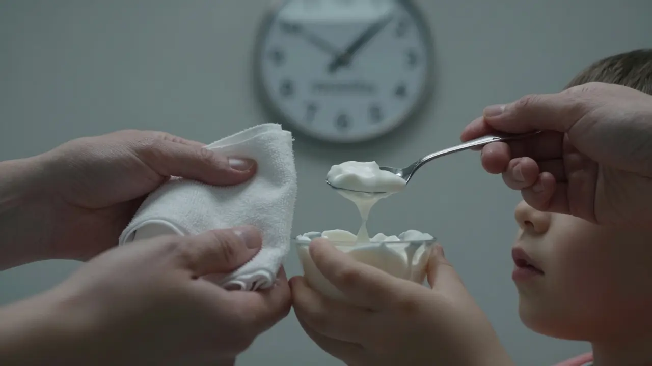 Tři ruky nabízejí bezpečné metody úlevy při růstu zubů: chladný hadřík, chladné jídlo a jemná podpora.