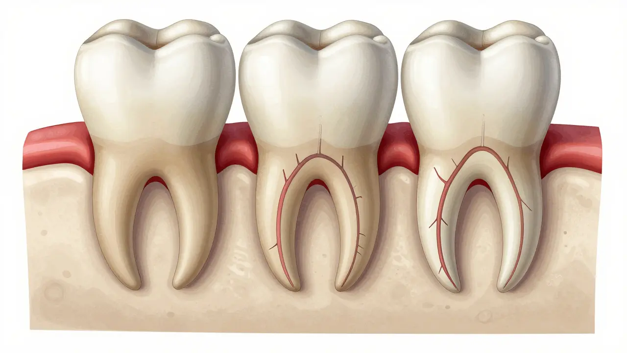 Tři typy kořenů zubů s větvícími kanály v kosti, s vyznačenými vrstvami.