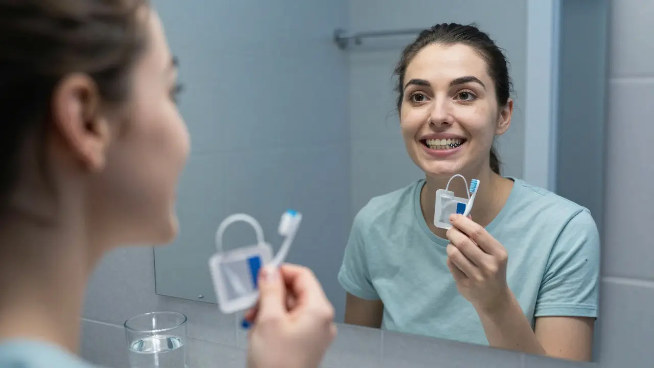 Zrcadlo ukazující světlejší přirozené zuby vedle tmavých zubních náhrad.