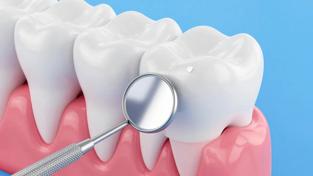 3D ilustrace dentálního zrcátka odhalující bílou skvrnu na zadní stěně moláru.