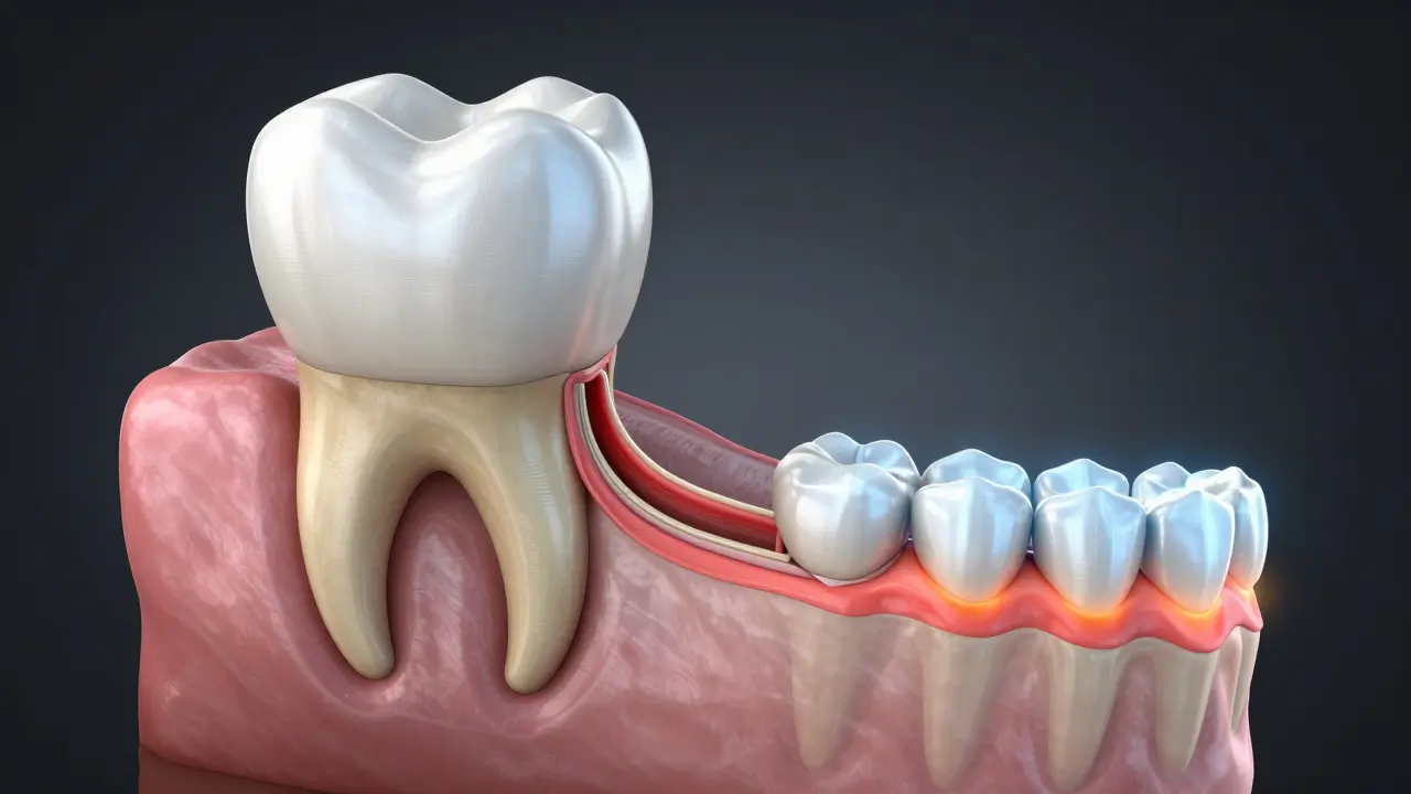 3D ilustrace procesu remodelace kostní tkáně kolem kořene zubu.