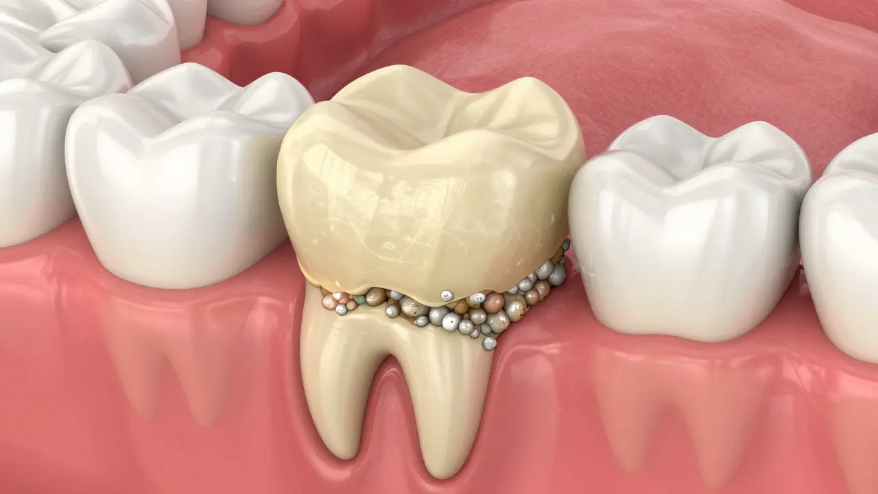 3D ilustrace ukázující přeměnu zubního plaku na tvrdý zubní kámen u dásně.