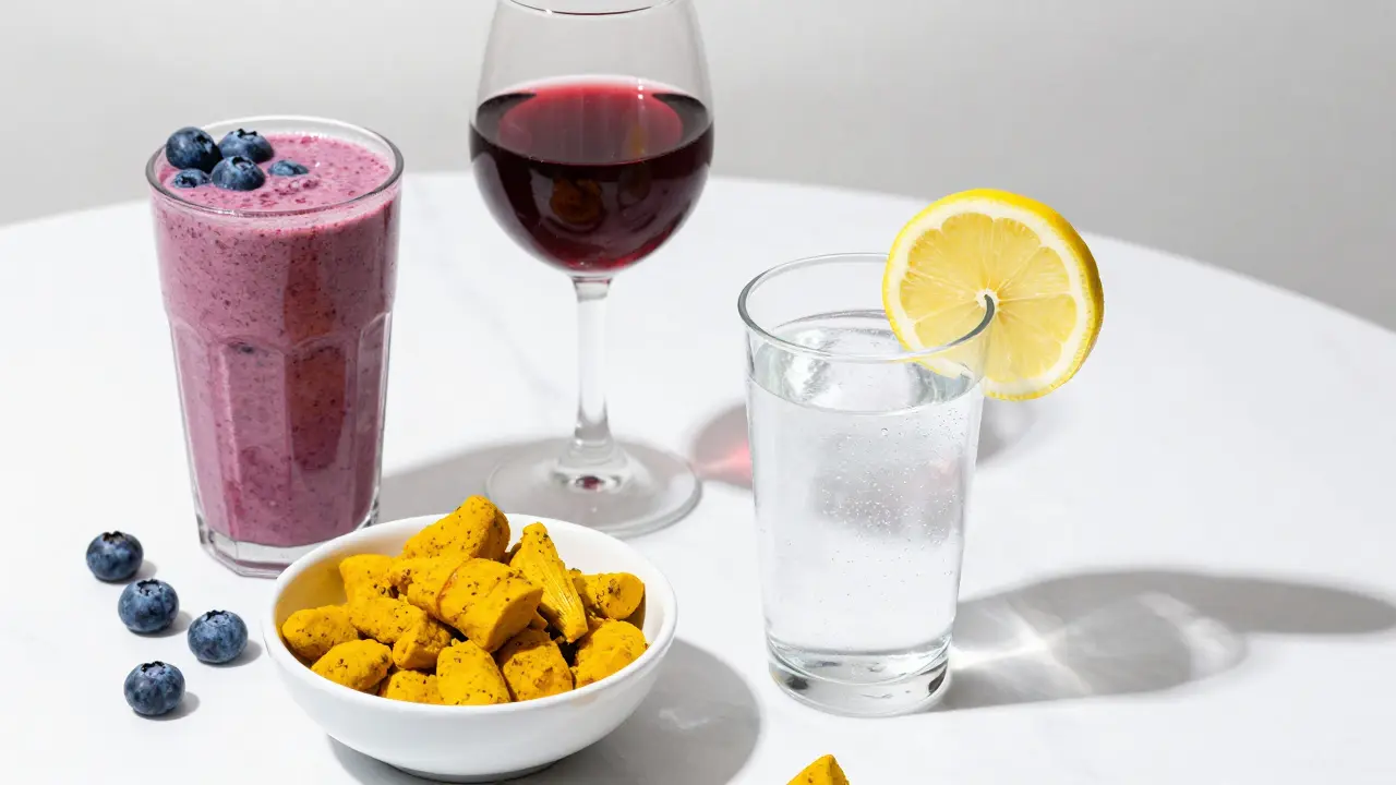 Barevné letní nápoje a jídlo vedle sklenice čisté vody pro splachnutí úst.