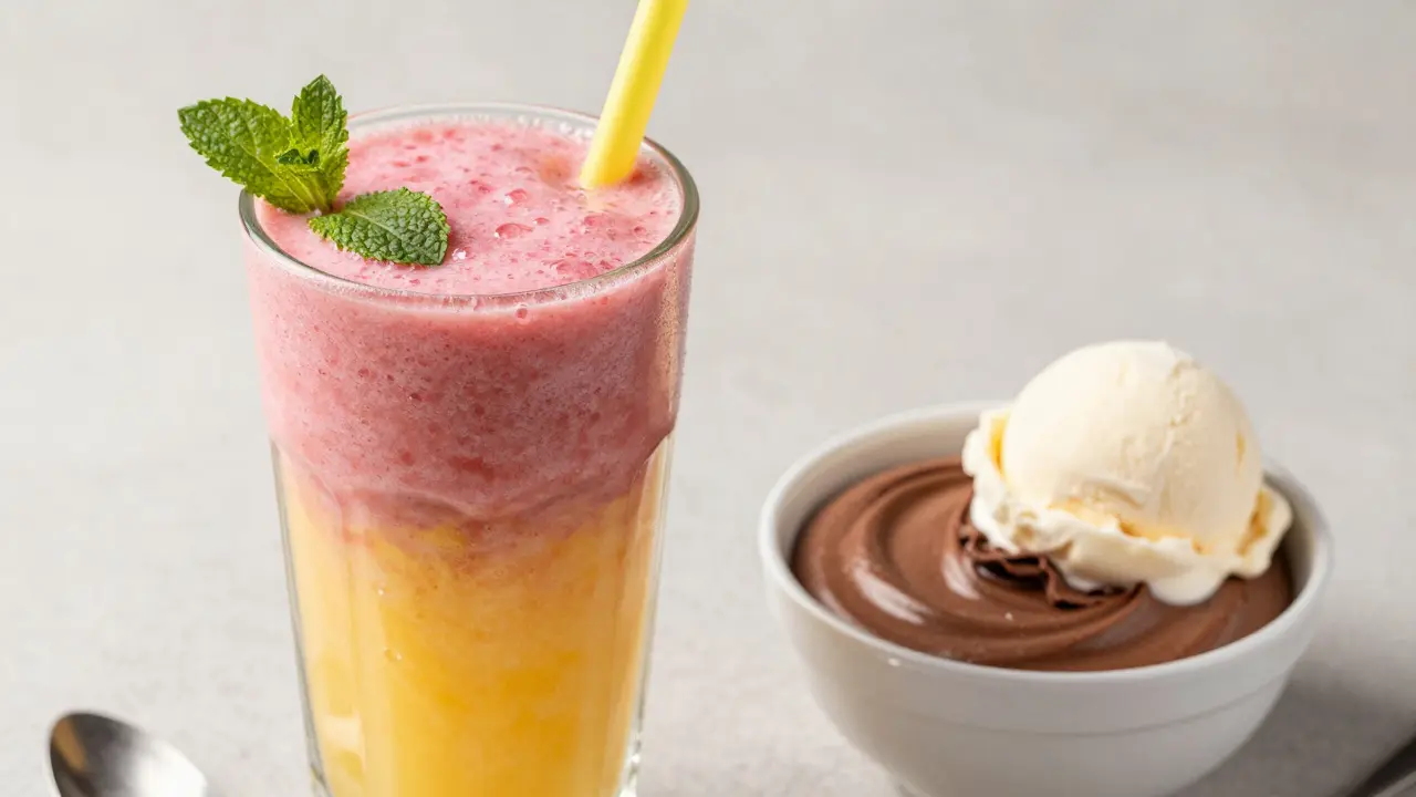 Barevný ovocný smoothie, čokoládový mousse a zmrzlina