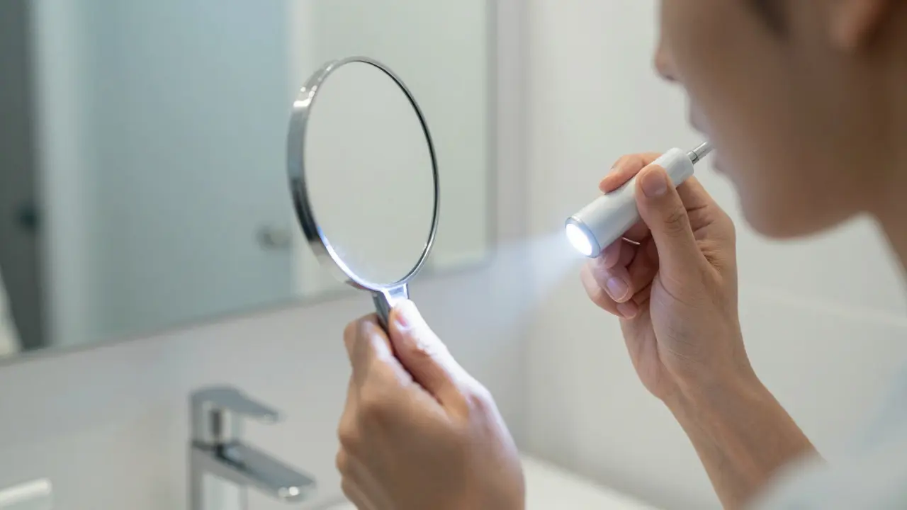 Člověk kontrolující stav svých zubů v zrcadle pomocí svítilky z mobilu.