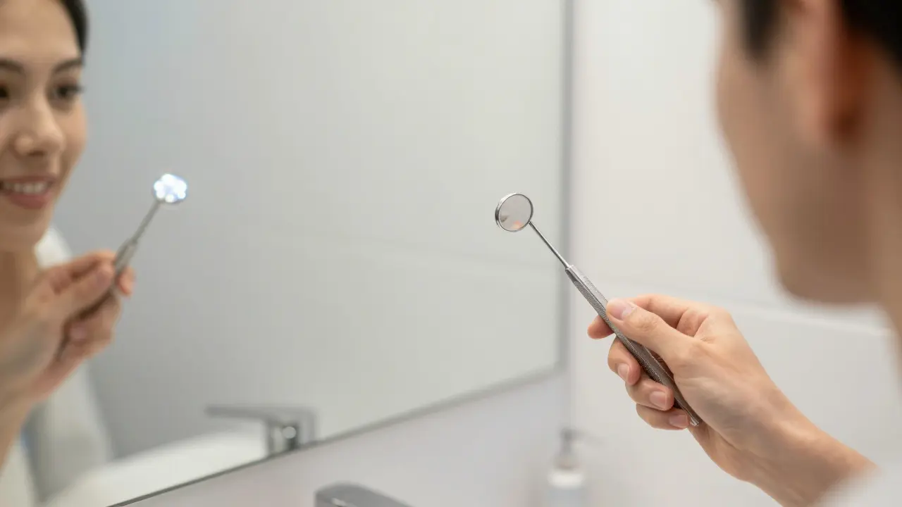 Člověk používající dentální zrcátko s LED osvětlením při kontrole zubů v koupelně.