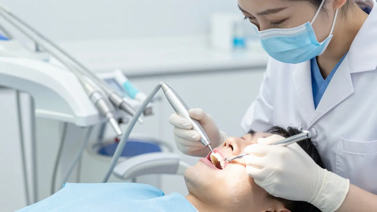 Dentální hygienička provádí profesionální čištění zubů s fazetami.