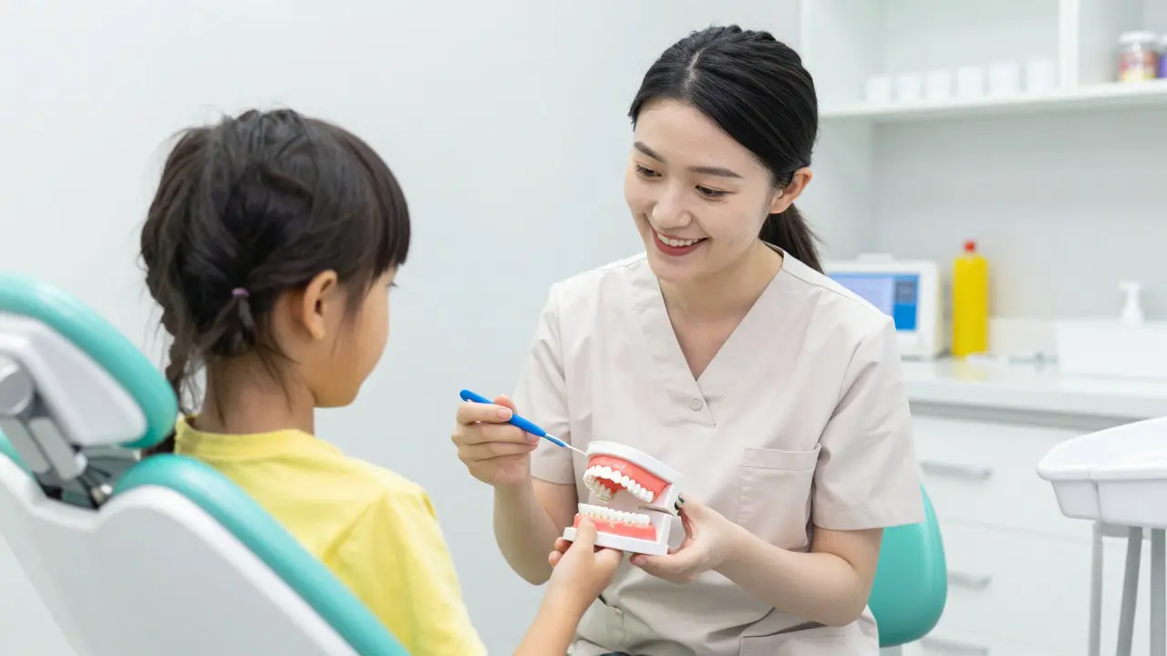 Dentální hygienička učí dítě správnému používání mezizubní nitě na modelu.