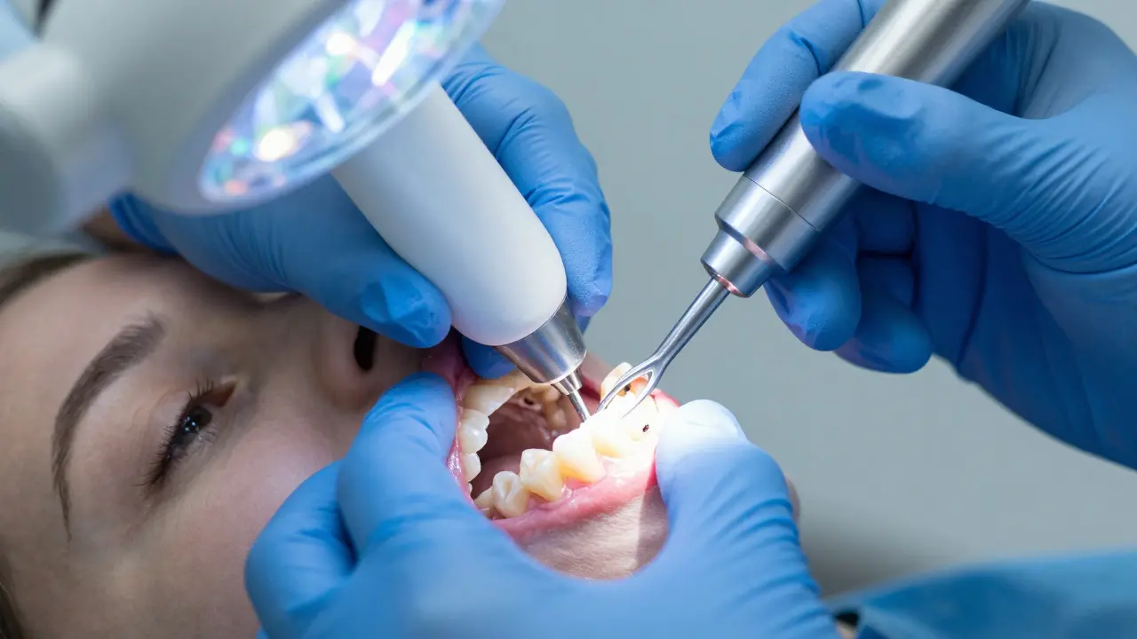 Dentista provádí hloubkové čištění zubu ultrazvukovým přístrojem.