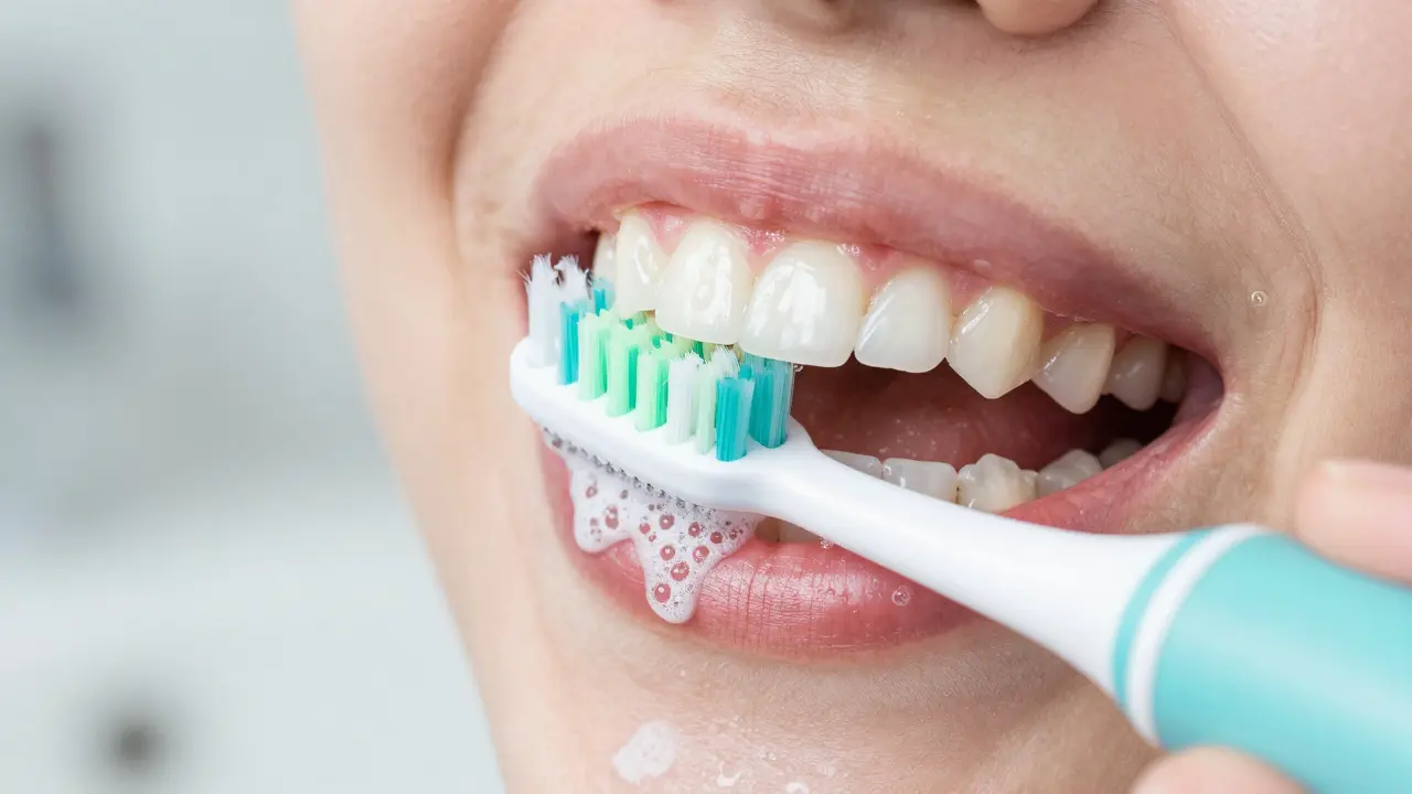 Detail sonického kartáčku čistícího zuby v úhlu 45 stupňů u dásně.