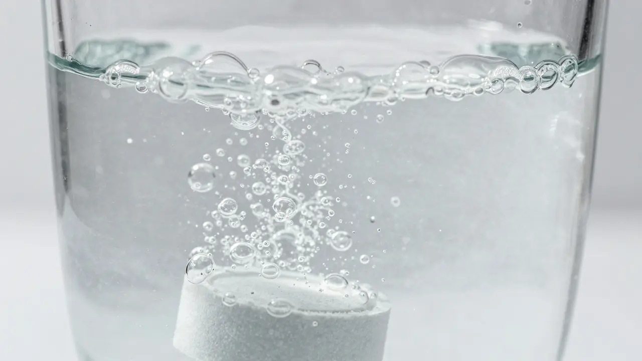 Detail šumící čisticí tablety v a sklenici s vodou a protézou.