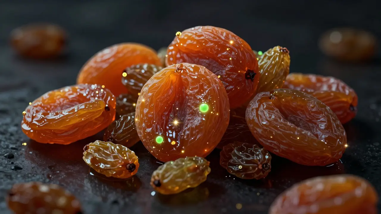 Detail sušeného ovoce s vizuální představou bakterií způsobujících zubní kazy.