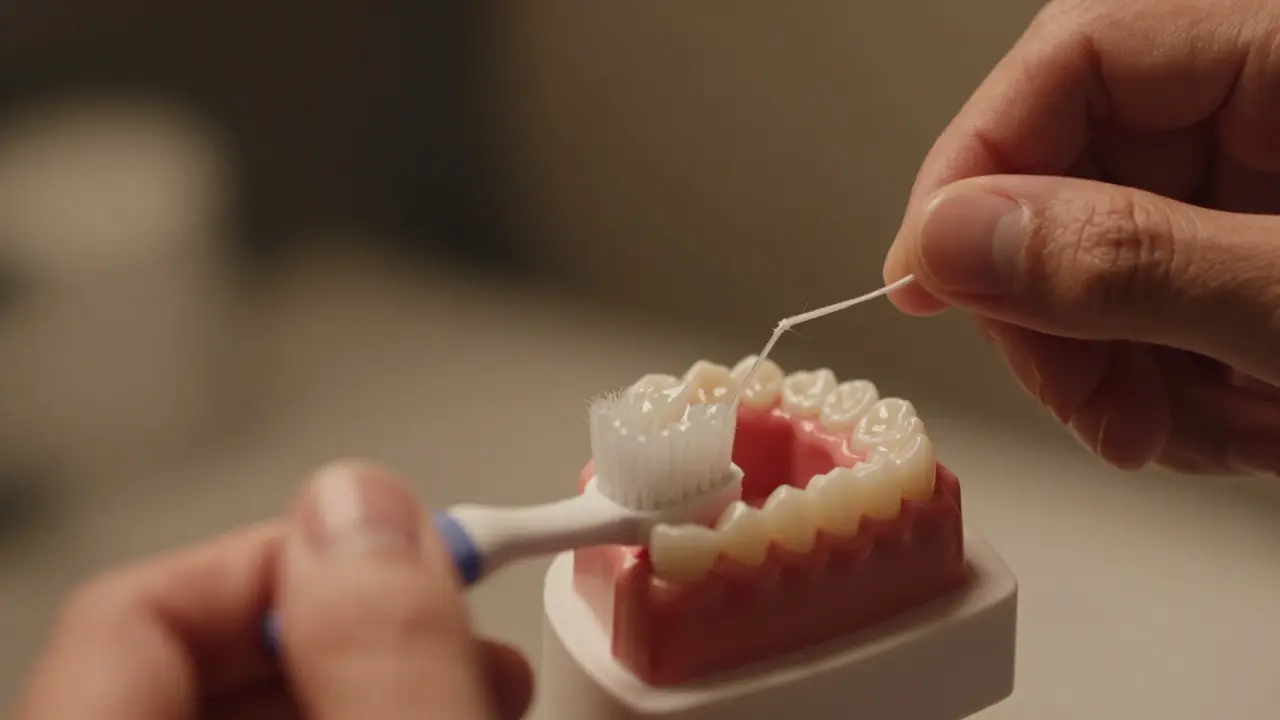 Detailní pohled na používání mezizubního kartáčku a nitě během večerní rutiny.