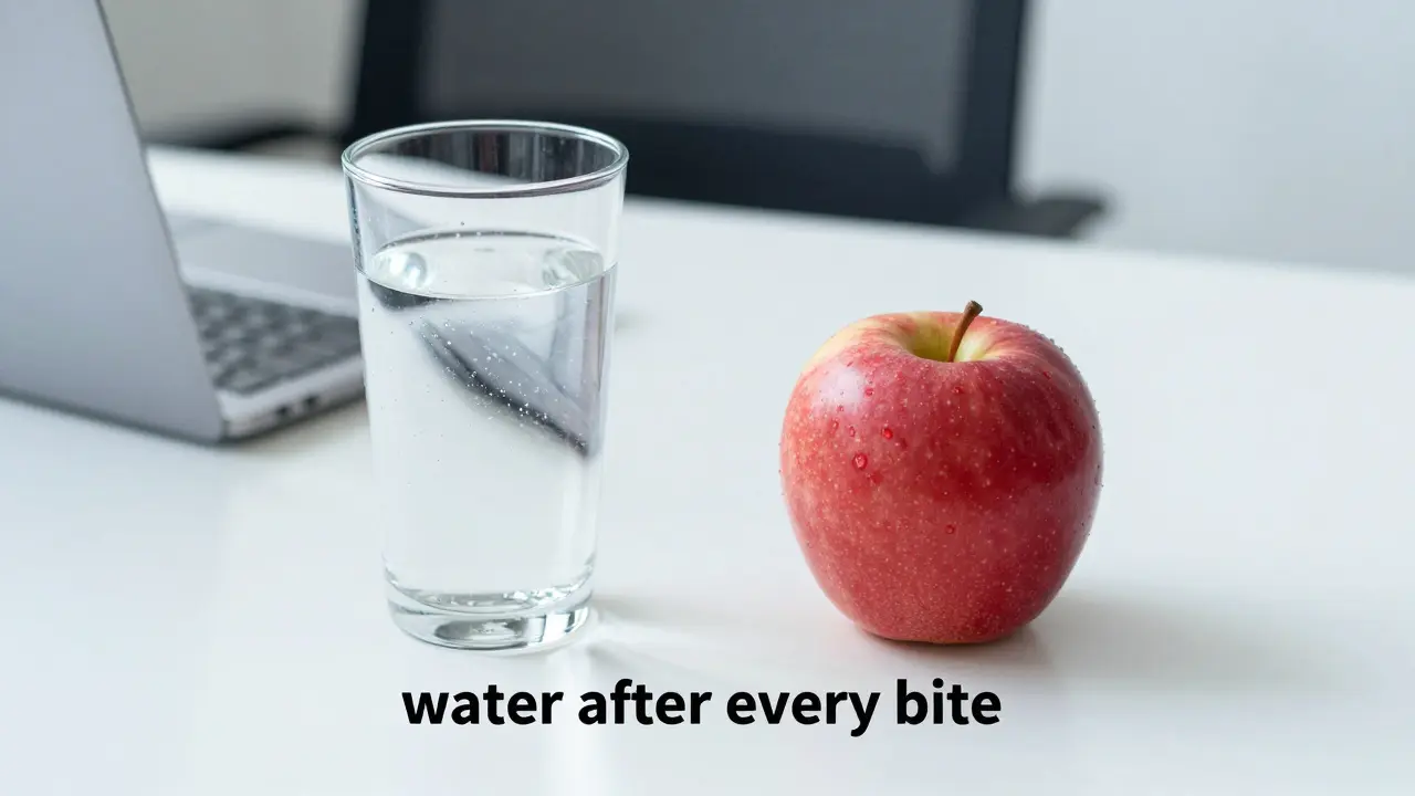 Kla lása čisté vody a jablko na kancelářském stole jako symbol zdravé hygieny během dne.