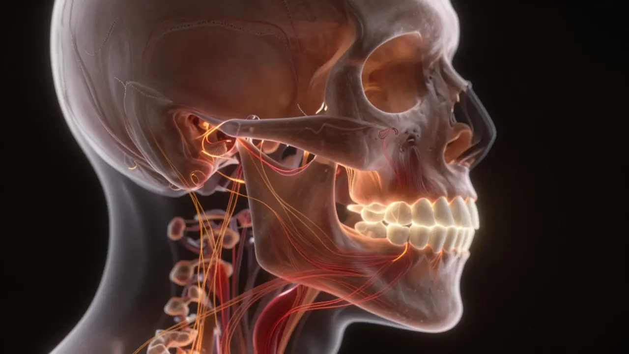 Konceptuální ilustrace čelistí s vyznačenými oblastmi svalového napětí.