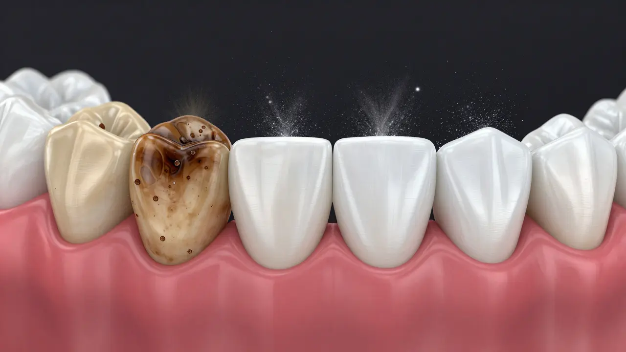 Konceptuální srovnání zubů před a po pískování s odstraněním pigmentů.