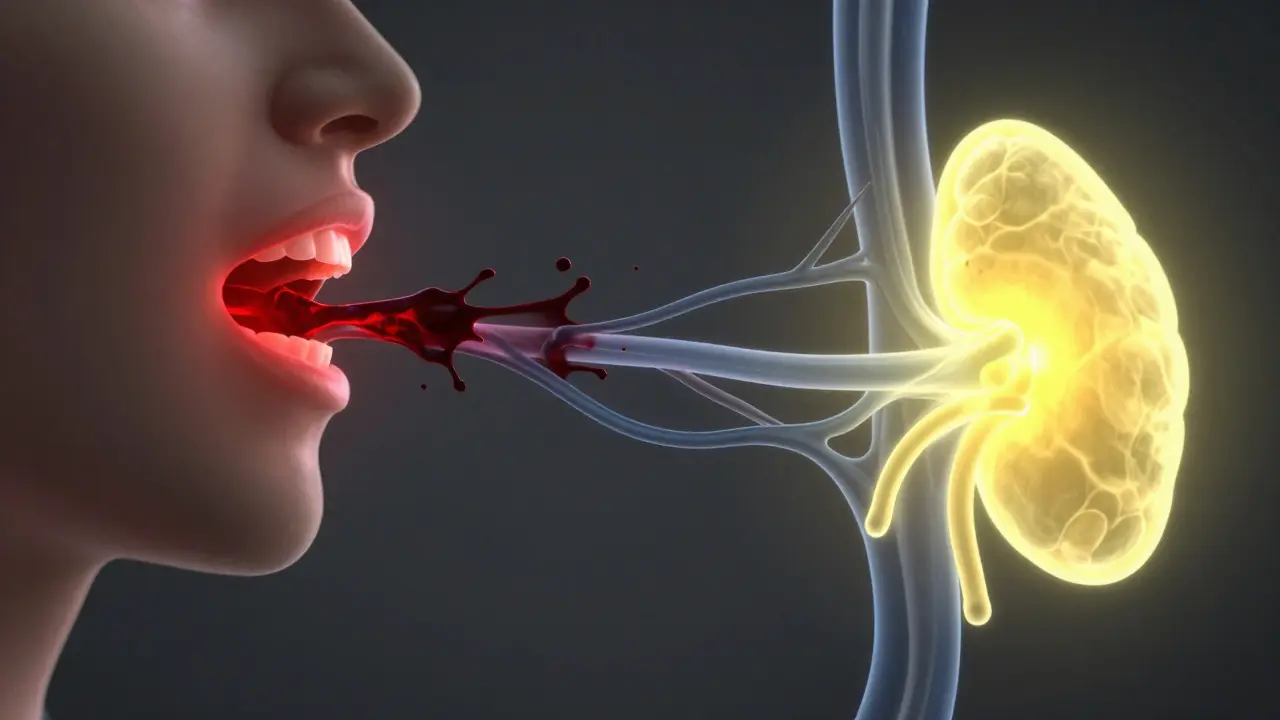 Konceptuální zobrazení toxínů z dásní proudících do krevního oběhu a nadledvinek.