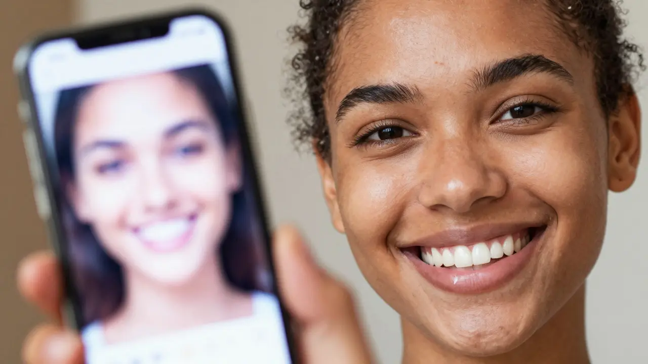 Kontrast mezi filtrem sociálních sítí a přirozeným úsměvem s mezerou.