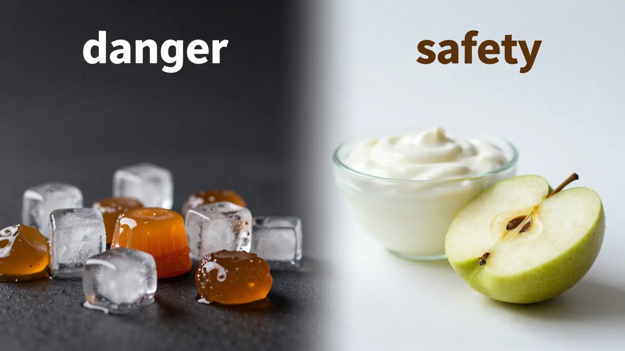 Kontrast mezi nebezpečnými tvrdými bonbony a bezpečným jogurtem a nakrájeným jablkem.