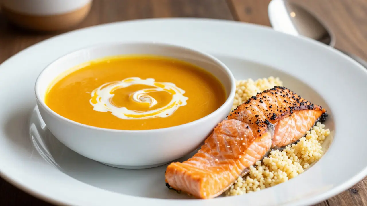 Krem z dýně, kuskus a dušený losos jako příklad měkkého a bezpečného oběda.