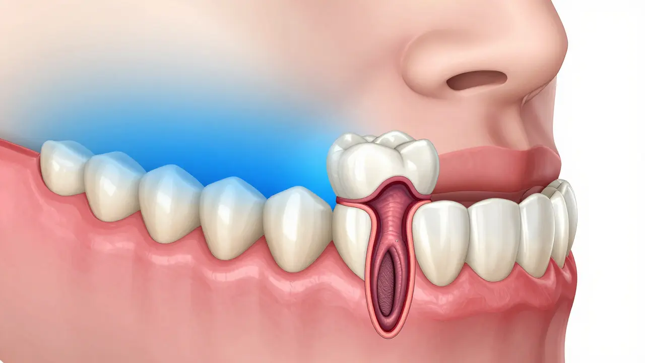 Medicínská ilustrace vnějšího chlazení tváře a hojení zubní jamky.