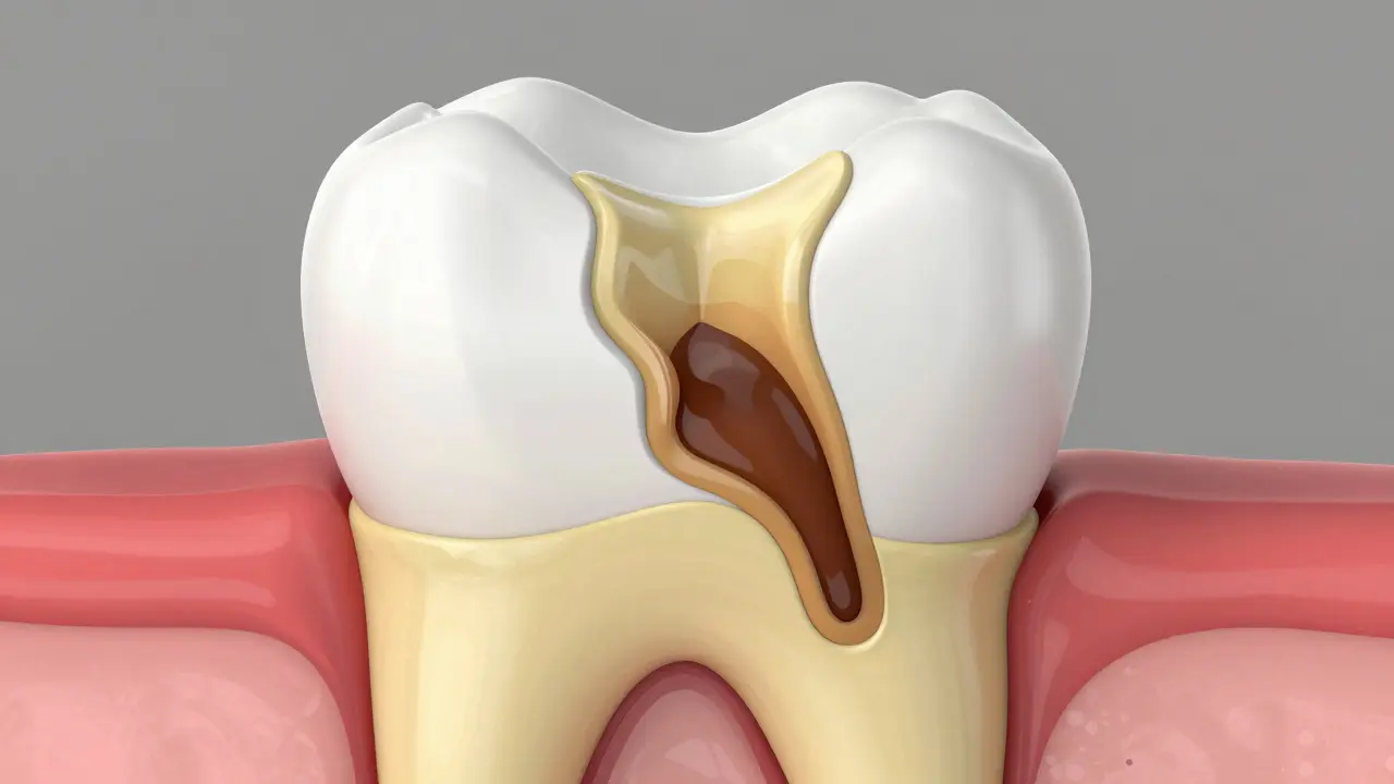 Medicínský průřez zubu znázornující šíření kazu ze skloviny do žlutého dentinu.