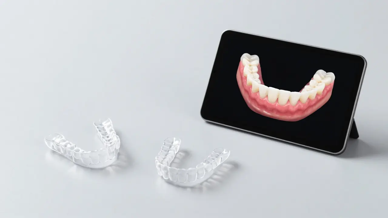 Moderní ortodontické pomůcky, včetně průhledných alignerů a 3D skenu.