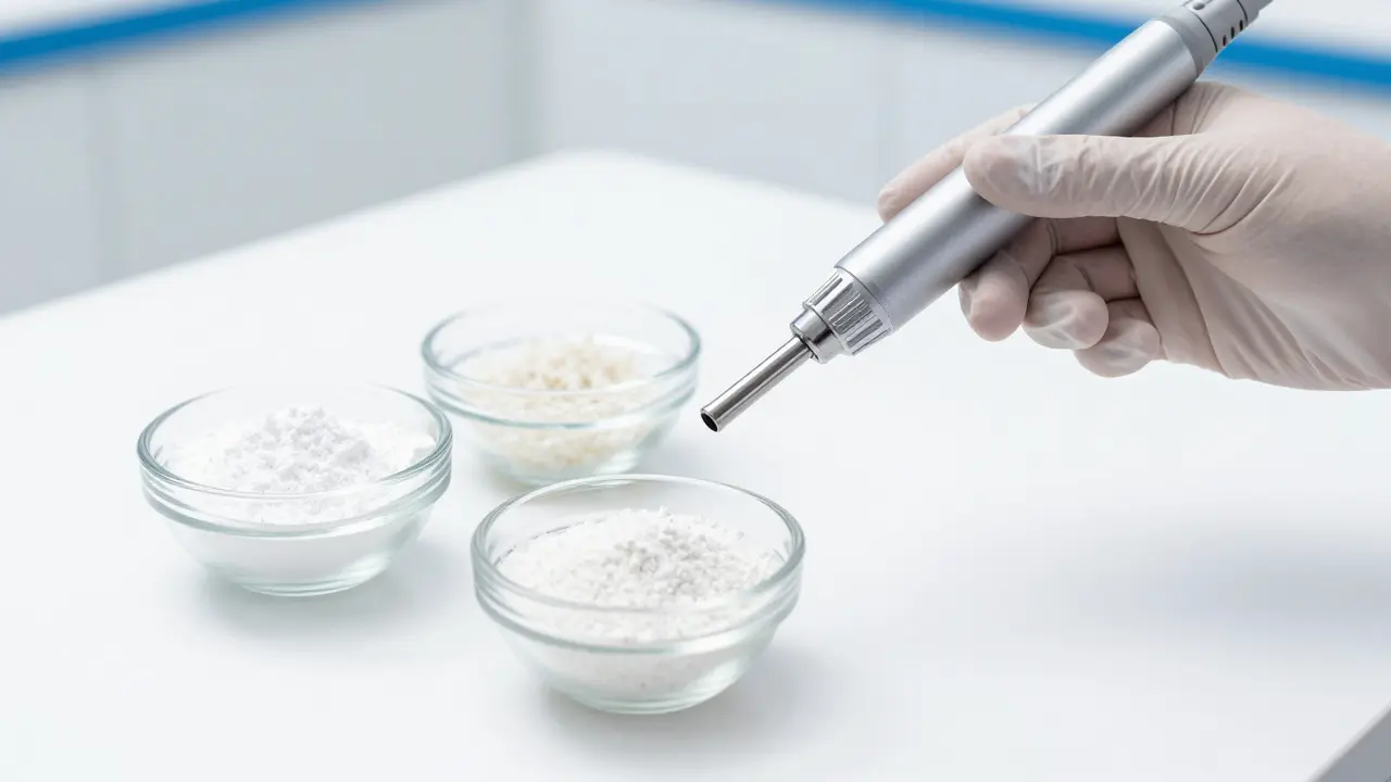 Profesní pískovací přístroj a misky s jemnými čistícími prášky.