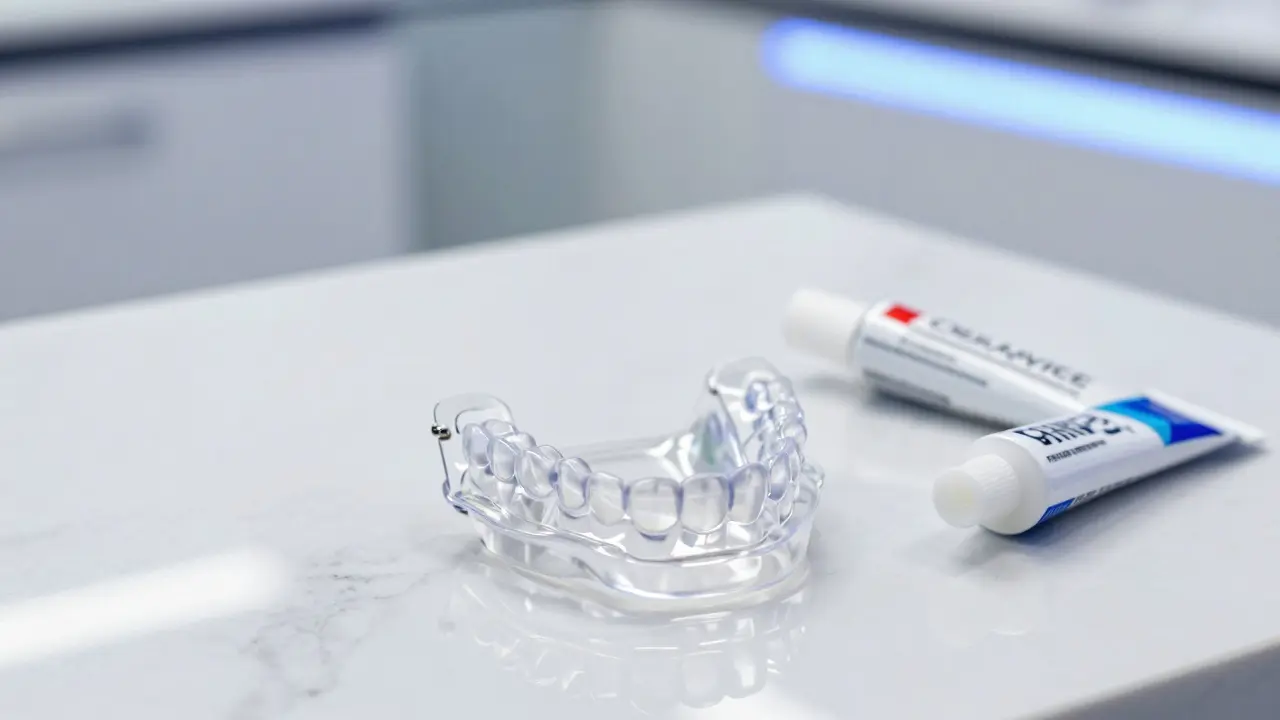 Průhledná individuální forma na bělení zubů s bělícím gelem.