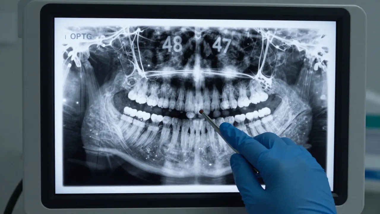 Rentgenový snímek čelisti ukazující impaktovaný zub 48.