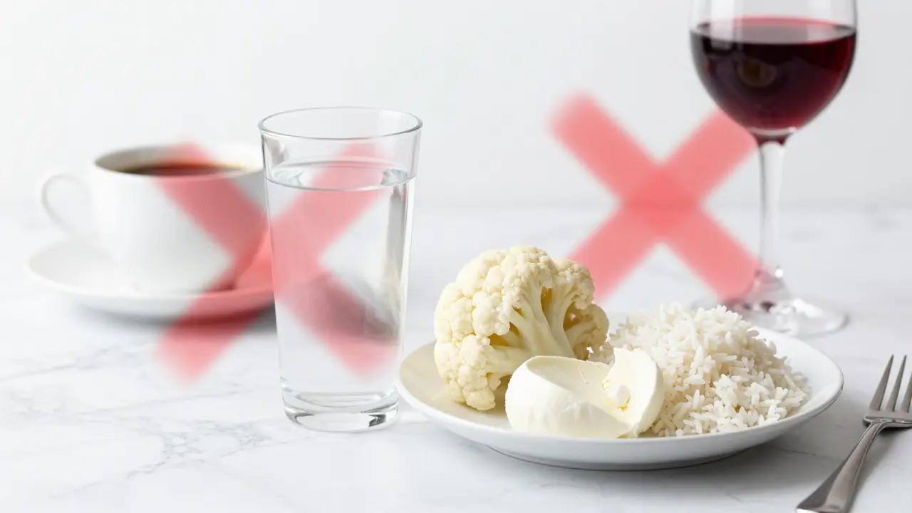 Sada bílých potravin a nápojů pro bílou dietu po pískování zubů.