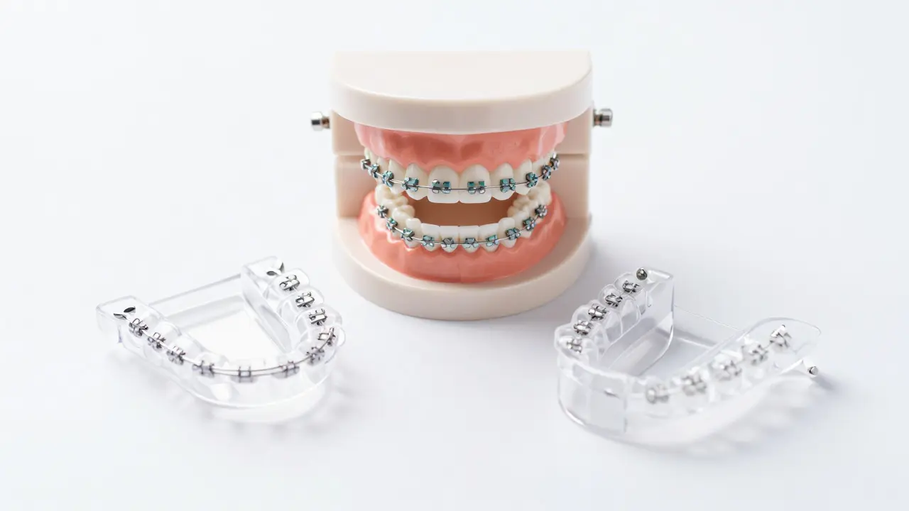 Sada ortodontických pomůcek včetně alignerů, žumáků a noční dlahy.