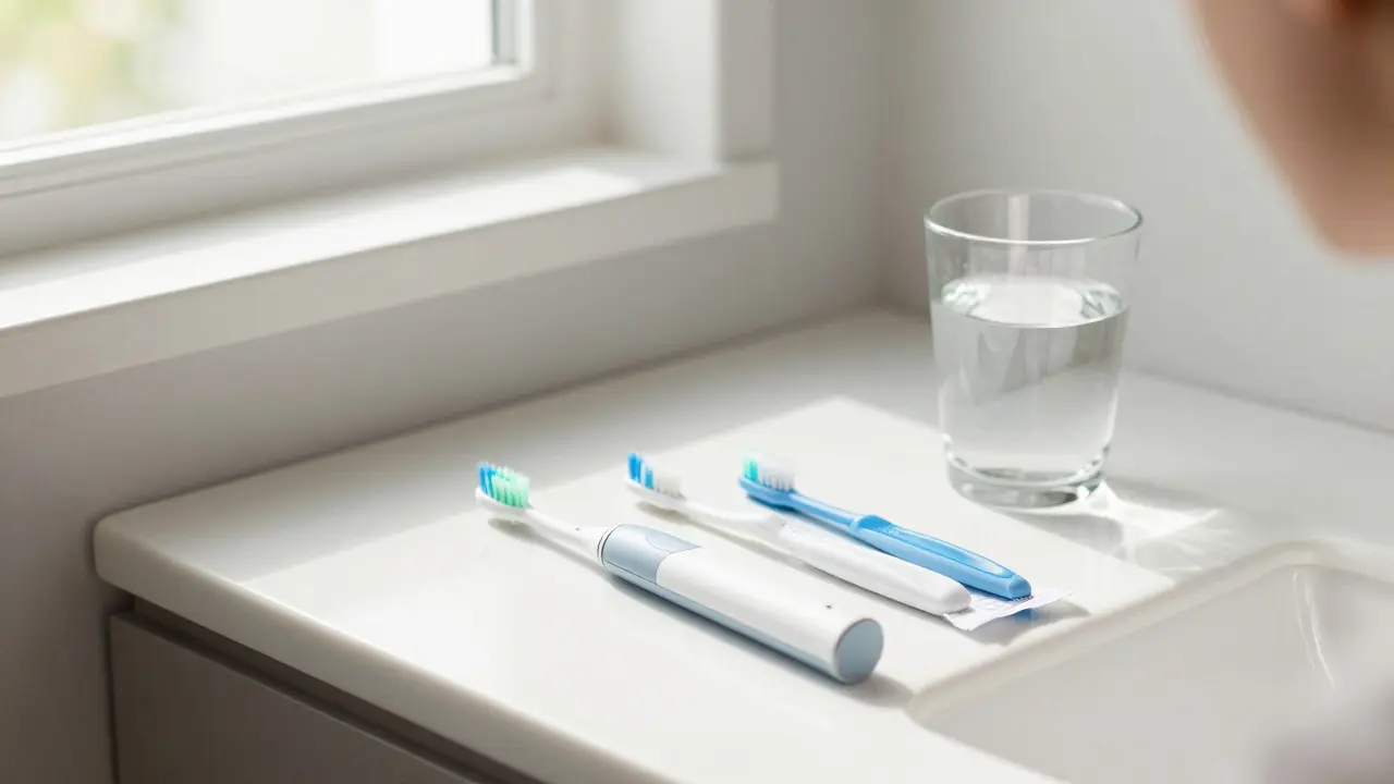 Sada pomůcek pro hygienu chrupu včetně mezizubních kartáčků.